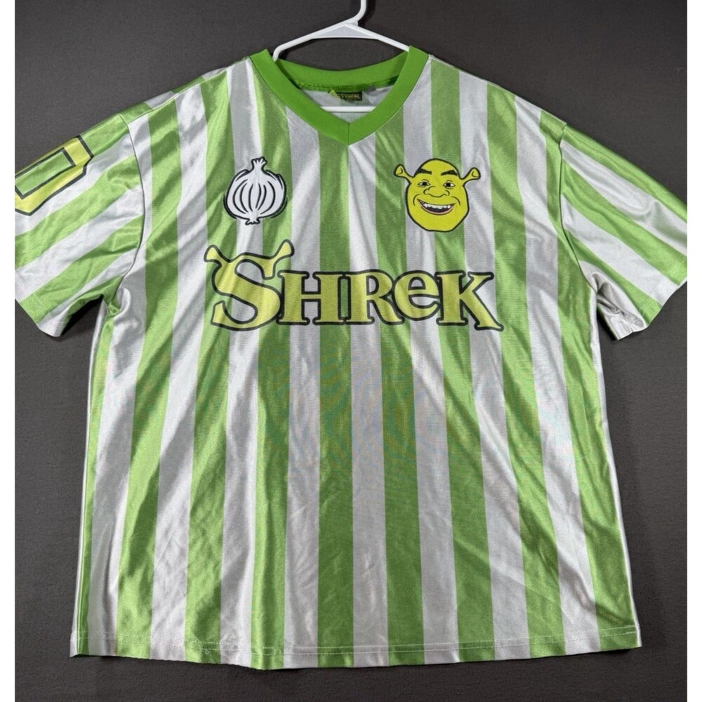 Vintage DreamWorks Shrek Soccer Futbol Jersey Shirt Sz XL Green Striped y2K
